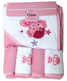 OWEN Fish Embroidery 5pc Starter Set Hooded Towel with Washcloths- Pink