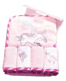 Owen Unicorn Print Hooded Towel with Washcloths Pack of 5 - Pink