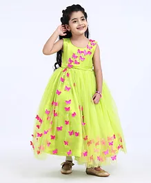 Li&Li BOUTIQUE Full Length Lime Green Gown With Spread Pink Butterflies - Lime  green and Pink