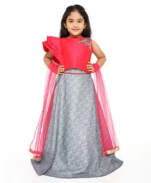 Dhyana Fashions Sleeveless Choli With Embroidery Detailing Lehenga & Dupatta - Red & Grey