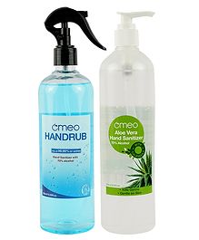 Omeo Aloe Vera Hand Sanitizer Gel Pump and Omeo Hand Rub Sanitizer Spray 500ml Combo Pack of 2