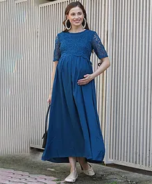 Mine4Nine Half Sleeves Lace Detailed Maternity Dress - Blue