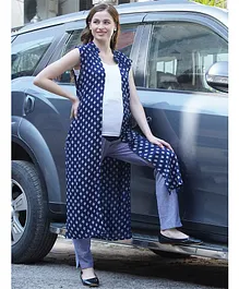 Mine4Nine Sleeveless Long Motif Print Shrug - Blue