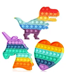 Enorme Dinosaur Unicorn Heart Shape Pop Bubble Stress Relieving Silicone Pop It Fidget Toy Pack of 3 - Multicolor