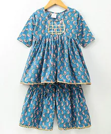 Nitara Couture Half Sleeves Kurti & Sharara Set Paisley Print - Blue