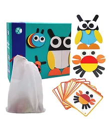 WISHKEY Wooden Animal Puzzle Blocks With Storage Bag & 20 Illustration Design Cards Multicolour - 50 Pieces
