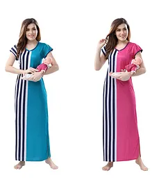 Piu Short Sleeves Striped Maternity Feeding Nighty - Blue Pink