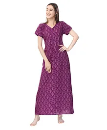 Piu Short Sleeves Geometric Pattern Maternity Nighty - Dark Purple