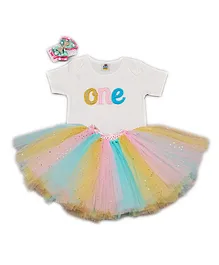 TINY MINY MEE Short Sleeves One Patch Onesie With Skirt & Headband - Multi Color