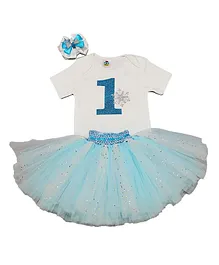 TINY MINY MEE Short Sleeves One Patch Onesie With Skirt & Headband - White Blue