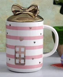 A Vintage Affair Cute Striped Mug with Bow Lid Pink Golden - 350 ml 