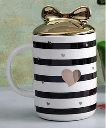 A Vintage Affair Cute Striped Mug with Bow Lid Black Golden - 350 ml