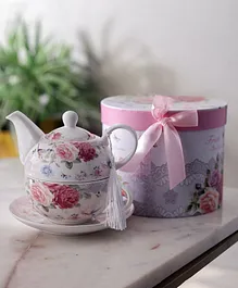 A Vintage Affair Roses Kettle Teacup and Saucer Set - Multicolor