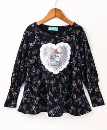 Tiara Full Sleeves All Over Flower Print Heart Patch Top - Black