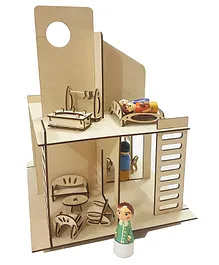 CuddlyCoo Modern Doll House With Peg Dolls And Furniture - Beige