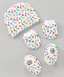 Simply Cotton Cap Mittens & Booties Set Multi Print - White