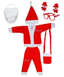 Fiddlerz Christmas Santa Claus Costume With Jacket Pant Cap Pouch Christmas Party Goggle Frame & Beard For Kids - Red