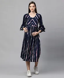 MomToBe Three Fourth Sleeves Striped Maternity Dress - Dark Blue