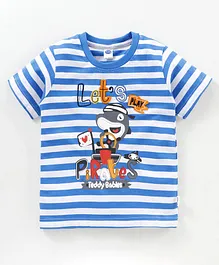 Teddy Half Sleeves Striped Tee with Pirates Patch - Blue