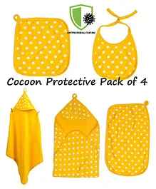 COCOON ORGANICS Pack Of 4 Anti Microbial Cotton Super Soft Terry Towel Swaddle With Burp Cloth & Wash Cloth And Bib Set - Yellow
