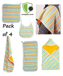 COCOON ORGANICS Pack Of 4 Striped Anti Microbial Cotton Super Soft Terry Towel Swaddle With Burp Cloth & Wash Cloth And Bib Set - Yellow
