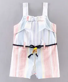 Orrigany Sleeveless Vertical Striped Jumpsuit with Front Bow & Tie Up - Peach Blue