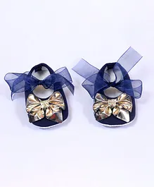 Daizy Organza Ribbon Booties With Golden Shimmer Bow - Navy Blue