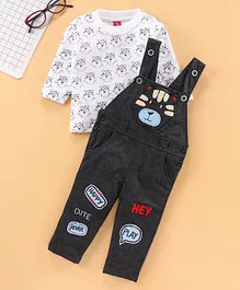 Jb Club Bear Applique Dungaree And Full Sleeves Cat Print Tee - Black And White