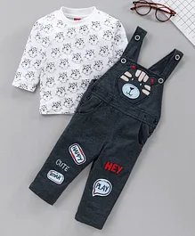 Jb Club Bear Applique Dungaree And Full Sleeves Cat Print Tee - Navy Blue And White