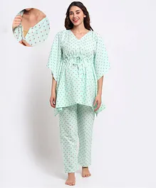 Aujjessa Three Fourth Sleeves Polka Dots Print Kaftan Style Maternity Night Suit - Mint Green