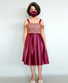 HEYKIDOO Short Sleeves Cold Shoulder Box Pleated Short Sleeves Rosette Embroidered Party Wear Dress With Matching Face Mask - Dark Purple