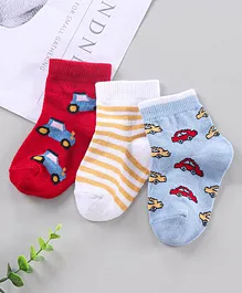 Cute Walk by Babyhug Ankle Length Antibacterial Socks Stripe And Car Design Pack Of 3 - Blue Red Yellow