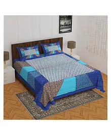 Divamee 100% Pure Cotton Jaipuri Print Single Bedsheet With Pillow Covers - Blue