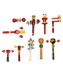 Voolex Wooden Hand Crafted Rattle Toys Pack of 10 - Multicolour