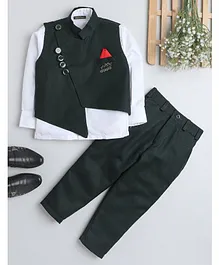 Fourfolds Full Sleeves Shirt With Solid Waistcoat And Pants Set - Dark Green