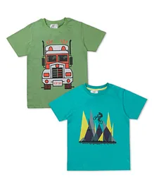 Growing Tree Half Sleeve Vehicle Printed Tee Combo Of 2 - Blue & Green