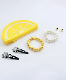 Aabacus Lemon Slice Coin Pouch Cum Key Chain With Hair Clips Bracelets & Earring Gift Set - Yellow