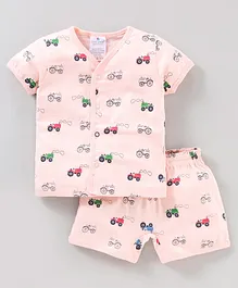 First Smile Half Sleeves Tee and Shorts Set Tractor Print - Baby Pink