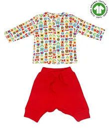 Candy Cot Full Sleeves Flower Print Tee With Bottom - Red