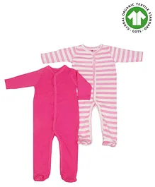 Candy Cot Full Sleeves Solid And Stripes Print Organic Cotton Bodysuits Pack Of 2 - Pink