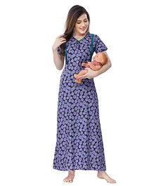 Piu Women's Half Sleeves Floral Print Maternity Feeding Nighty - Blue