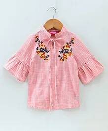Under Fourteen Only Three Fourth Sleeves Flower Embroidery Detailing Top - Peach