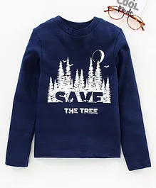 Under Fourteen Only Full Sleeves Save The Trees Printed Tee - Navy Blue