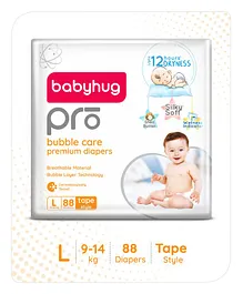 Babyhug Pro Bubble Care Premium Tape Style Diaper Large (L) Size - 88 Pieces