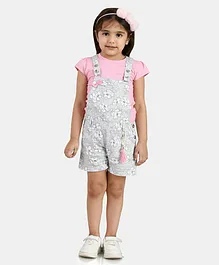 Peppermint Bow Applique And Glitter Dungaree And Half Sleeves Top Set - White