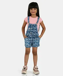 Peppermint Short Sleeves Top With Heart Printed Dungaree - Pink & Blue