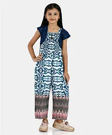 Peppermint Short Sleeves Printed Jumpsuit With Shrug - Blue