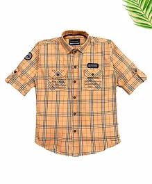 Charchit Roll Up Full Sleeves Checkered Shirt - Peach