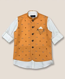 Charchit Full Sleeve Shirt With Printed Ethnic Jacket - Orange