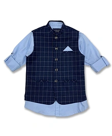 Charchit Full Sleeve Checked Ethnic Jacket Shirt - Navy